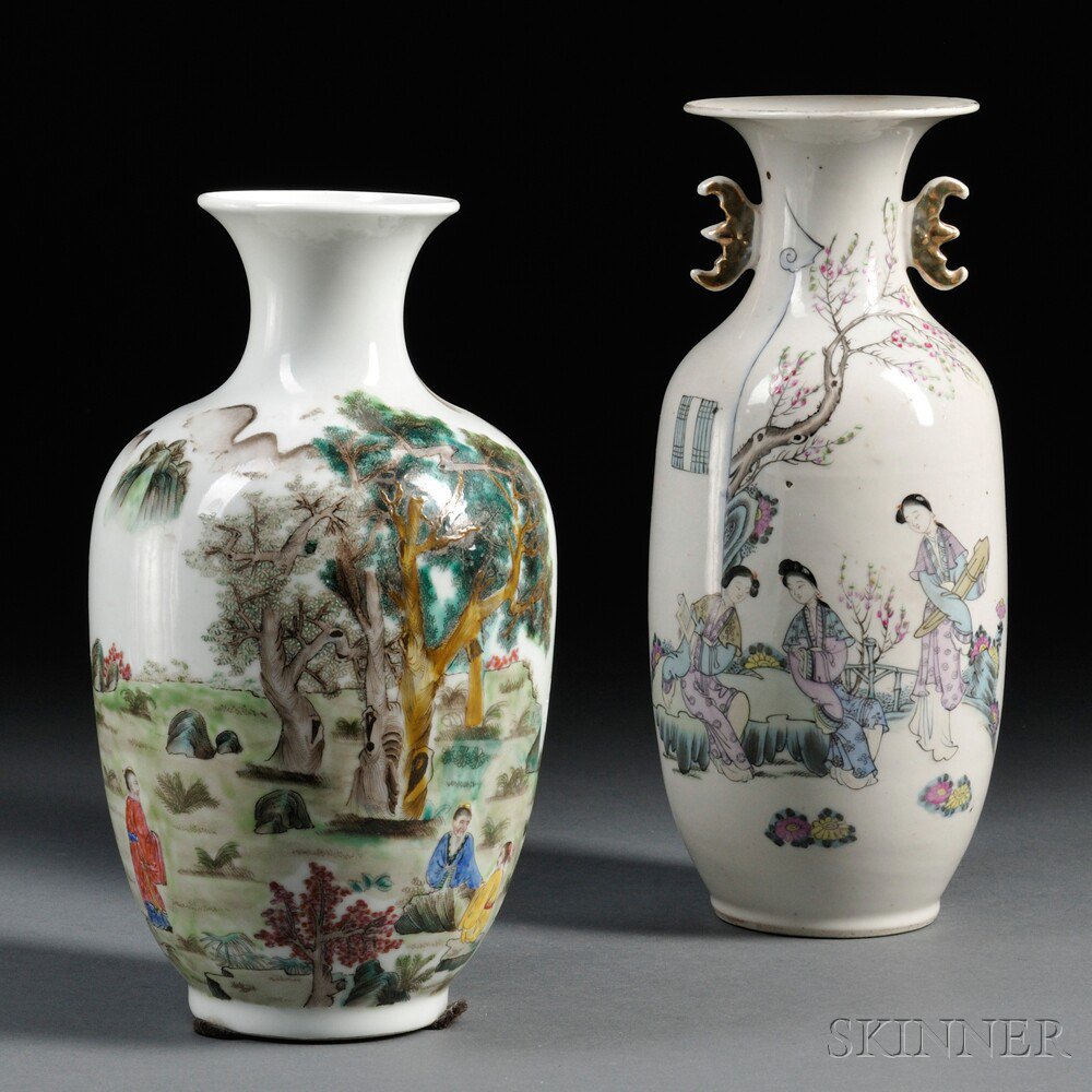 Appraisal: Two Porcelain Vases China baluster-form one painted with three scholars