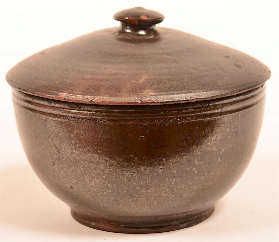 Appraisal: Redware Covered Sugar Bowl th Century Manganese Glazed Redware Pottery