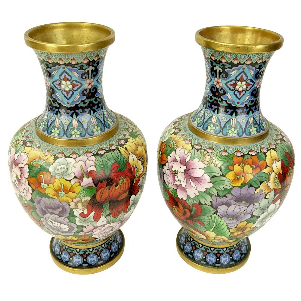 Appraisal: Chinese Cloisonne Vases Pair of Chinese Cloisonne Enamel Baluster Form