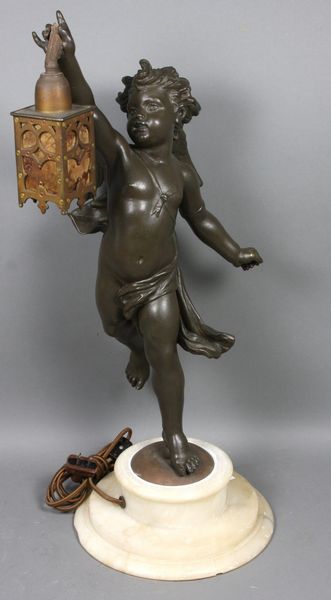 Appraisal: th Century bronzed white metal putti statue lamp on marble