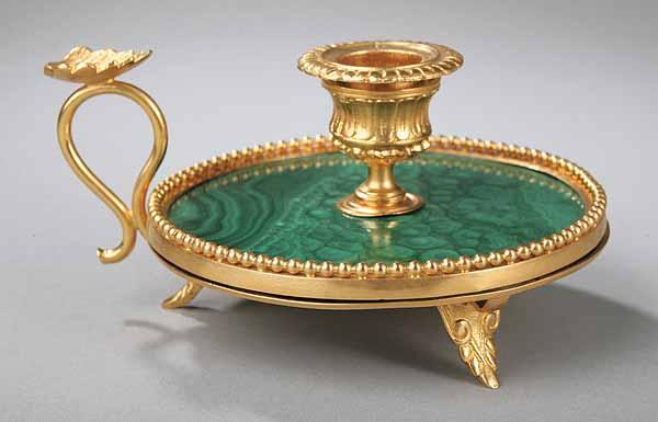 Appraisal: An Empire-Style Malachite and Gilt Bronze Footed Chamber Stick th