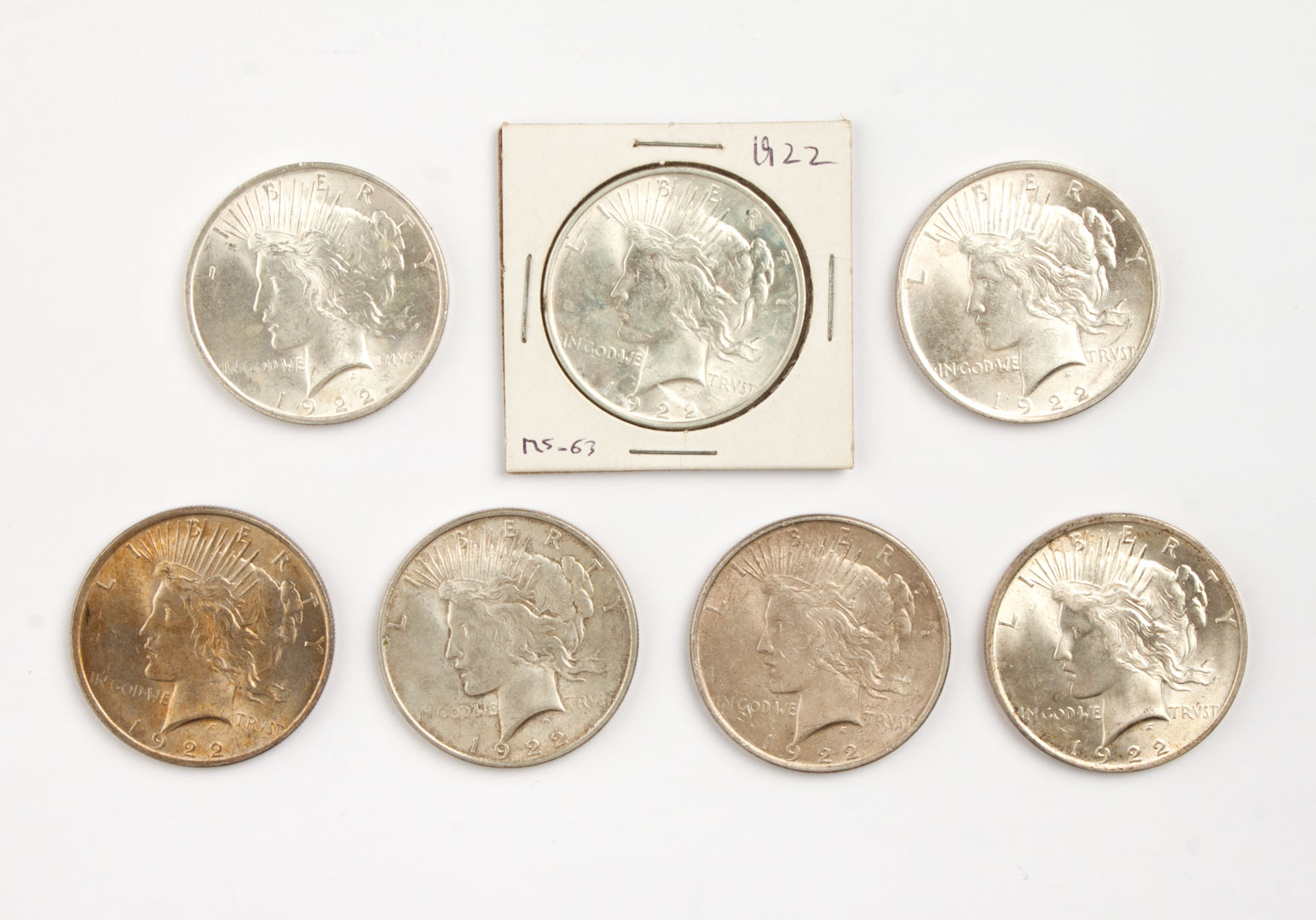 Appraisal: Seven U S Peace type silver dollars comprising seven MS-