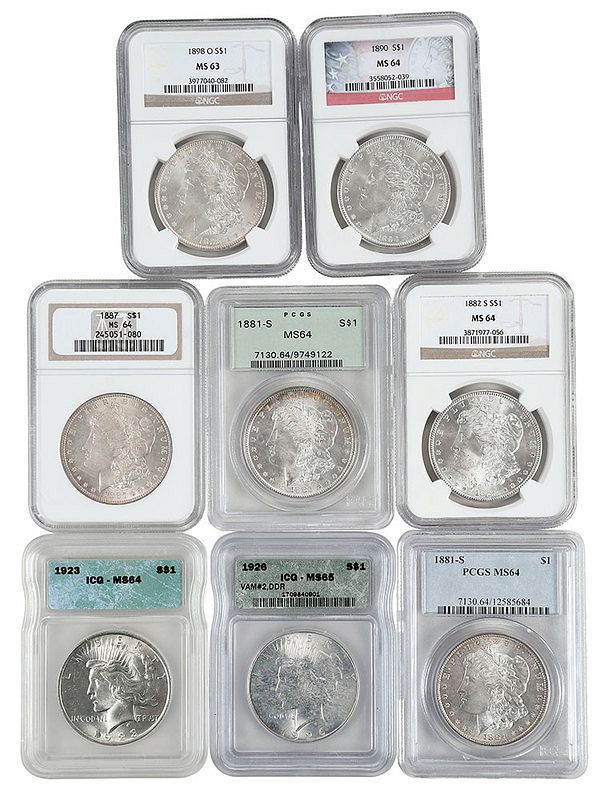 Appraisal: Group of Eight Graded Silver Dollars -S PCGS MS- old