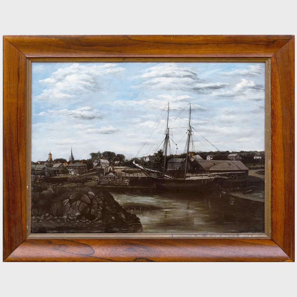 Appraisal: American School Harbor View Oil on Academy board signed with