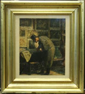 Appraisal: French School Lithograph Man looking through pictures in a gallery