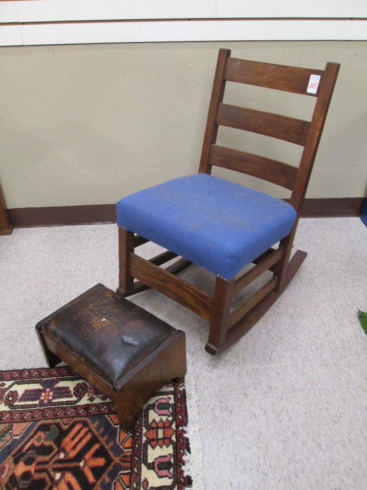 Appraisal: CRAFTSMAN OAK ROCKER AND FOOTSTOOL American Arts Crafts era c