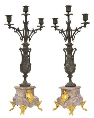 Appraisal: pair French Art Nouveau patinated metal three-light candelabra early th