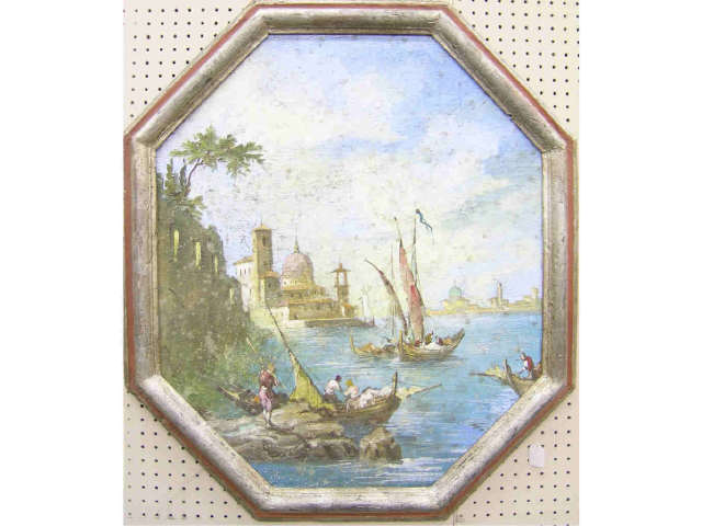 Appraisal: Octagonal European oil on canvas depicting Middle Eastern harbor ca