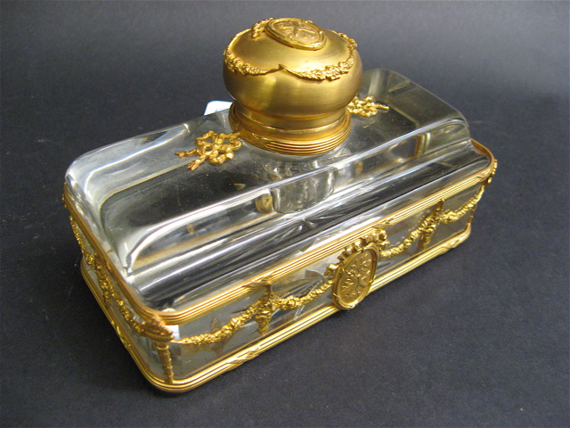 Appraisal: FRENCH GILT BRONZE AND CRYSTAL INKWELL clear cut and molded