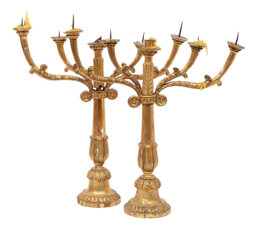 Appraisal: Pair of Continental Carved Giltwood Five-Light Candelabra th c foliate