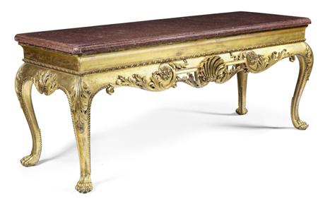 Appraisal: IMPRESSIVE GEORGE II STYLE CARVED GILTWOOD AND FAUX PORPHYRY CONSOLE