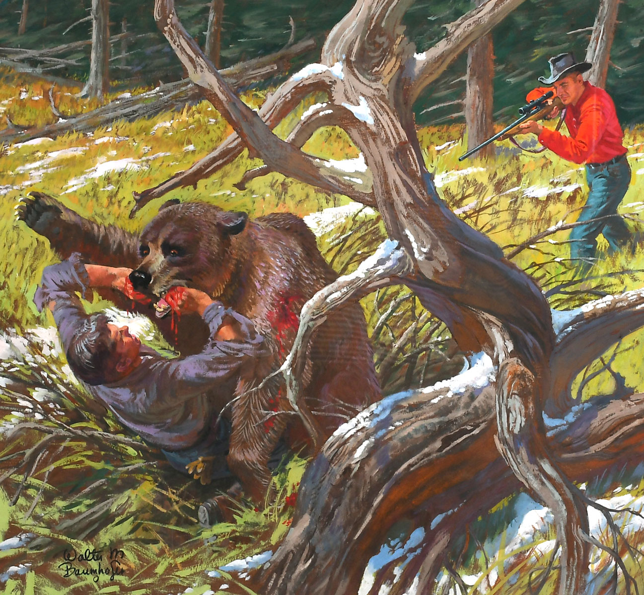 Appraisal: BAUMHOFER Walter American - Illustration for an Outdoor Life Story