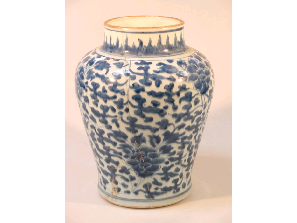 Appraisal: An thC Chinese blue and white ovoid vase painted with