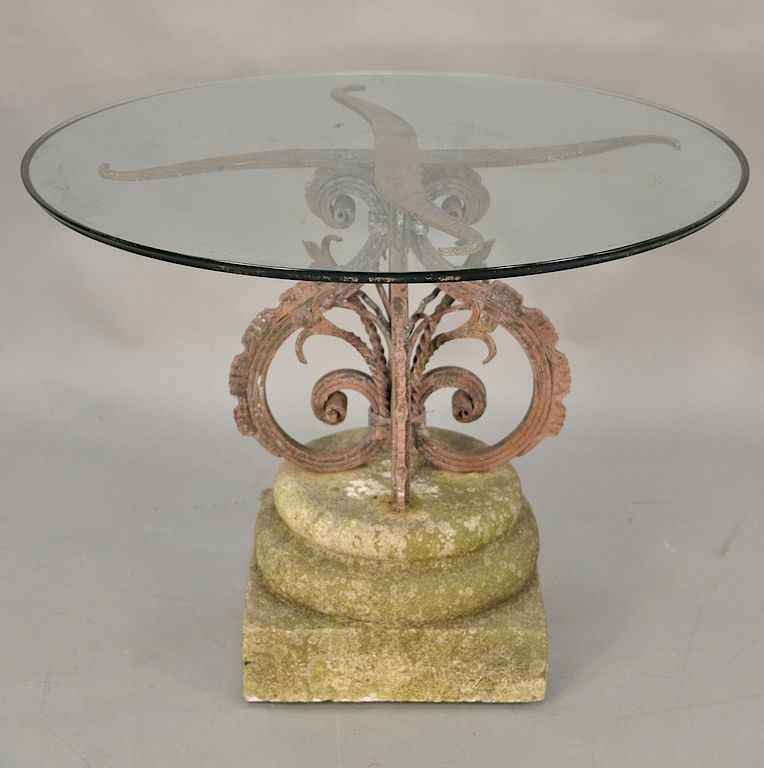 Appraisal: Iron pedestal on cement base with round glass top late