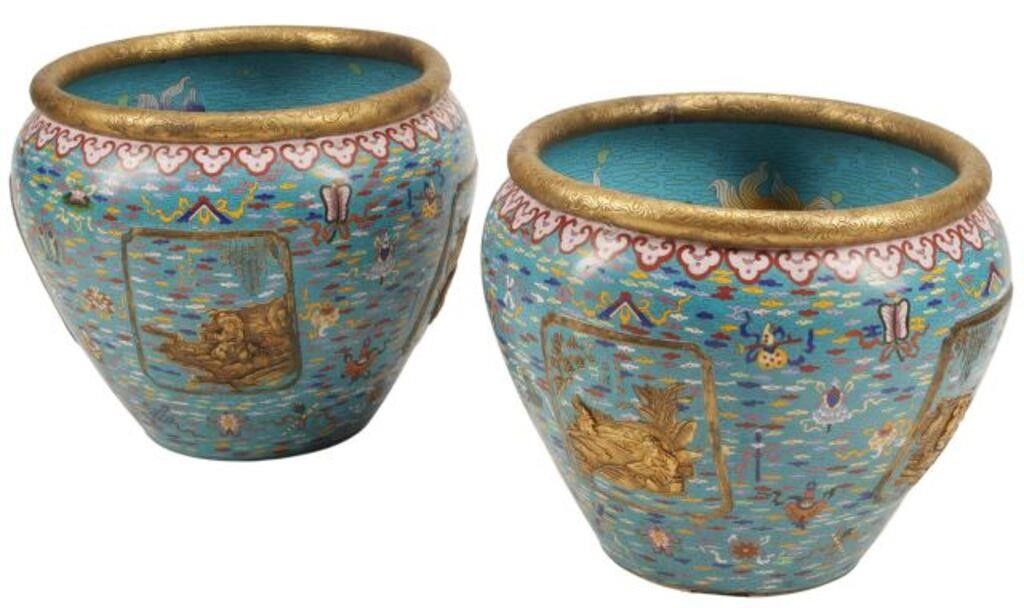 Appraisal: pair Chinese cloisonne enamel fishbowls planters interior base with corrosion