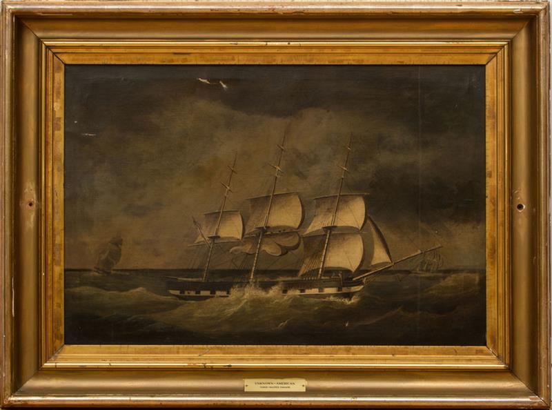 Appraisal: AMERICAN SCHOOL THREE-MASTED FRIGATE Oil on canvas unsigned x in