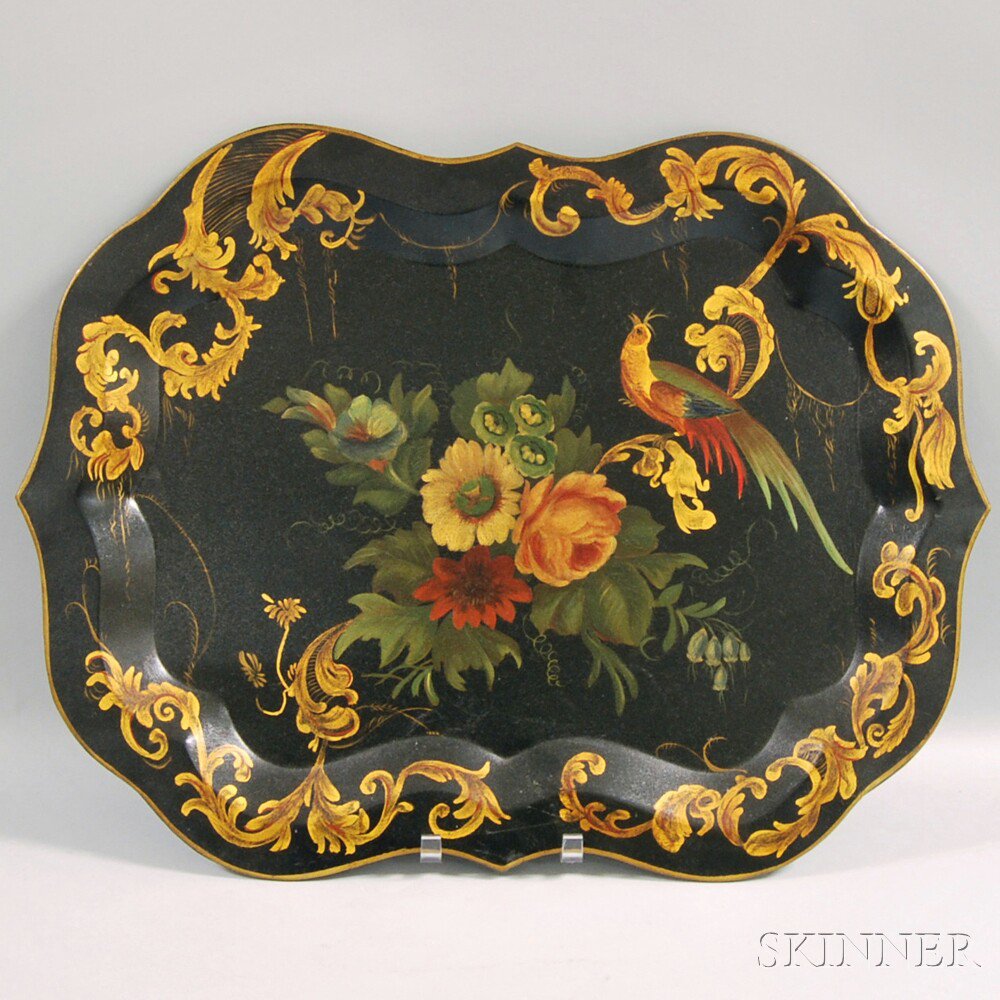 Appraisal: Tole Tray th century the gold-painted foliate-decorated border centering a