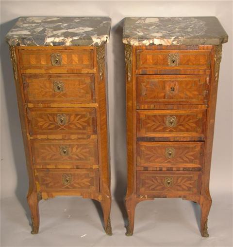 Appraisal: PAIR SMALL LOUIS XIV STYLE MARBLE TOPPED CHESTS the rectangular