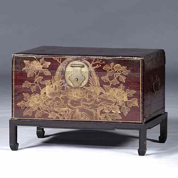 Appraisal: Chinese Lacquered Chest on Stand Chinese th century a lacquered