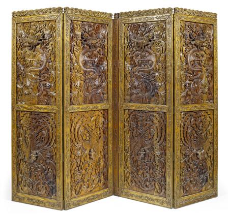 Appraisal: A th century oriental carved four fold screen each panel