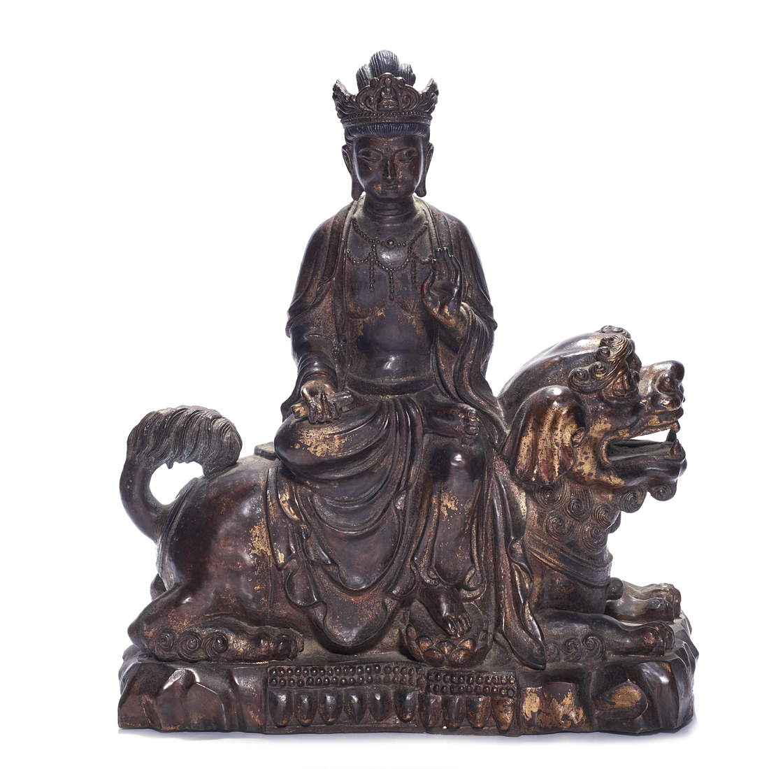 Appraisal: CHINESE GILT LACQUERED BRONZE FIGURE OF WENSHU Chinese gilt lacquered