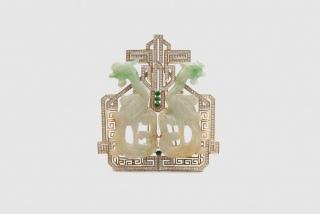 Appraisal: K Yellow Gold Platinum Carved Jade Diamond and Emerald Objet