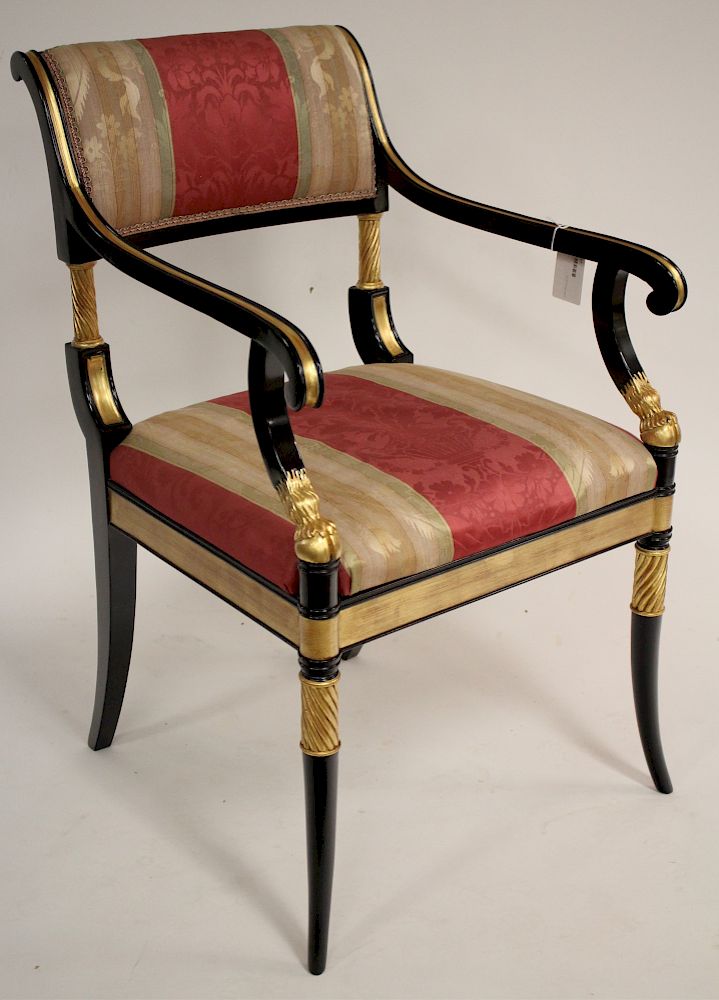 Appraisal: Regency Style Ebonized Parcel Gilt Arm Chair Silk Upholstery h