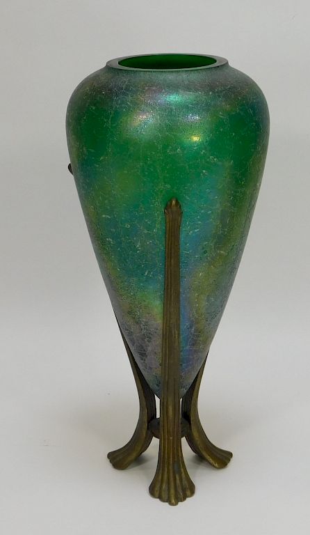 Appraisal: Iridescent Green Bohemian Art Glass Vase in Holder Iridescent Green