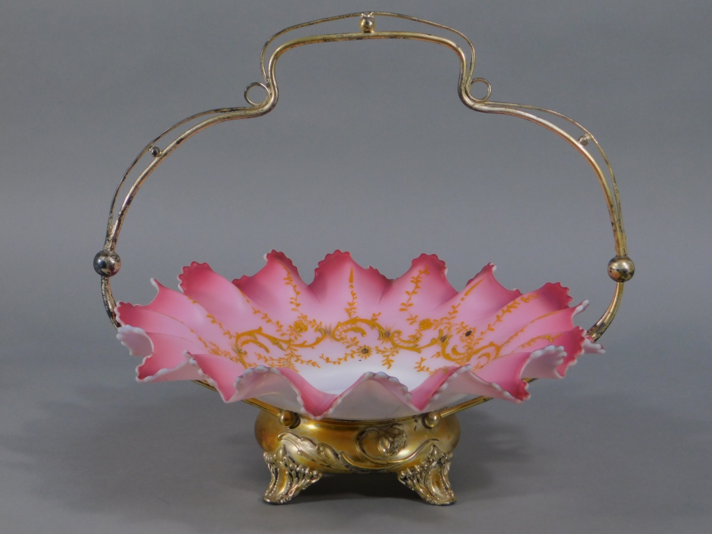 Appraisal: C VICTORIAN ART NOUVEAU PEACH BLOW BRIDES BASKET United States