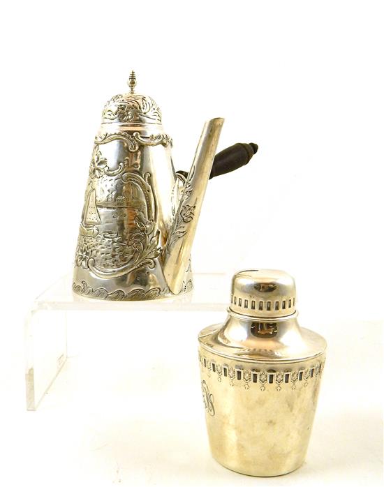 Appraisal: SILVER Sterling silver cocktail shaker and teapot two pieces Reed