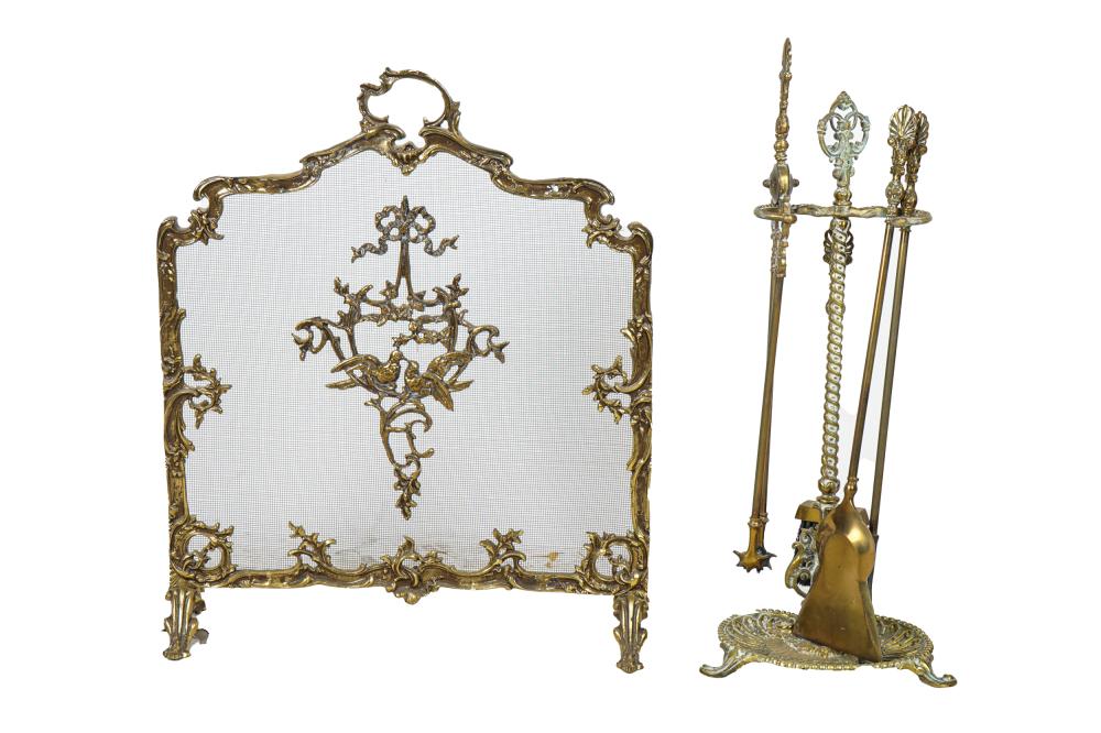 Appraisal: FRENCH BRASS FIRE SCREEN WITH TOOLSgilt brass comprising fire screen