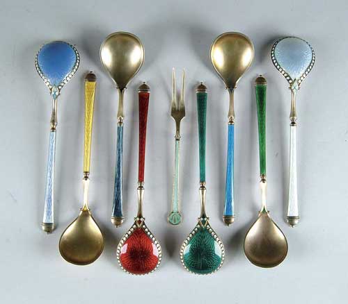 Appraisal: LOT OF EIGHT ENAMELED STERLING SPOONS Scandinavian origin Each a