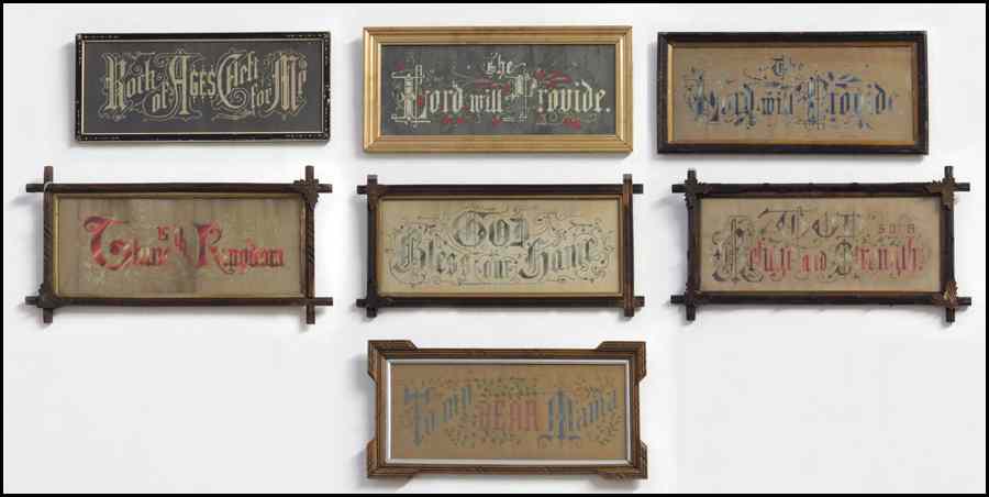 Appraisal: GROUP OF SEVEN FRAMED NEEDLEPOINT MOTTO PANELS Thine is the