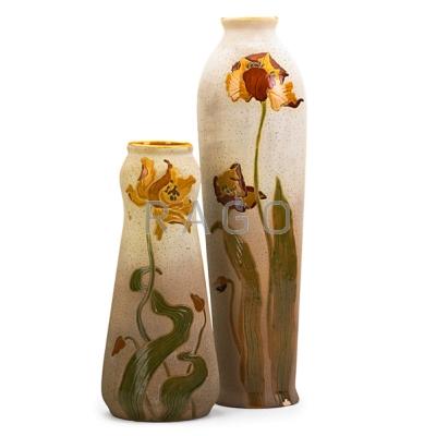 Appraisal: ROSEVILLE Two Woodland vases with tulips Zanesville OH ca Both