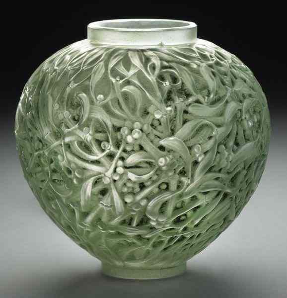 Appraisal: R Lalique ''Gui'' glass vase with green patina Engraved signature