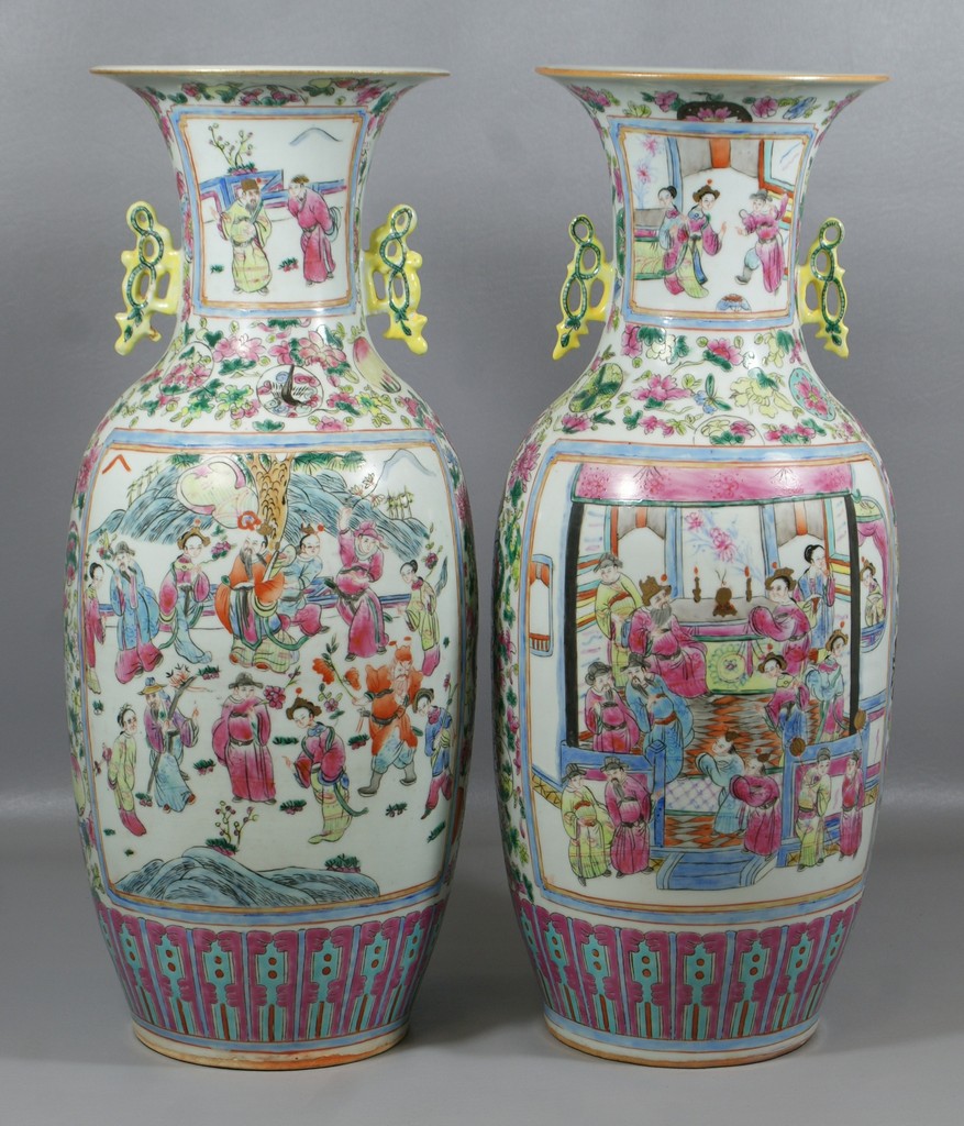 Appraisal: Pr Famille Rose Chinese porcelain vases pierced handles with Tongzhi