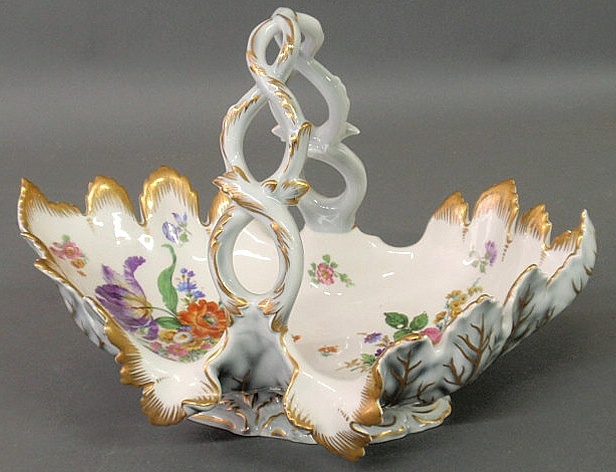 Appraisal: Porcelain basket-form centerpiece with gilt and floral decoration h x