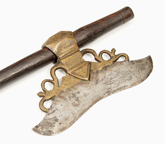 Appraisal: AN INDIAN STEEL AND BRASS HEADED SMALL AXE with metal