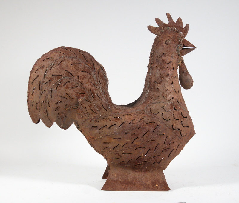 Appraisal: FOLK ART ROOSTER SCULPTURE Rusted Iron Standing Rooster Sculpture three