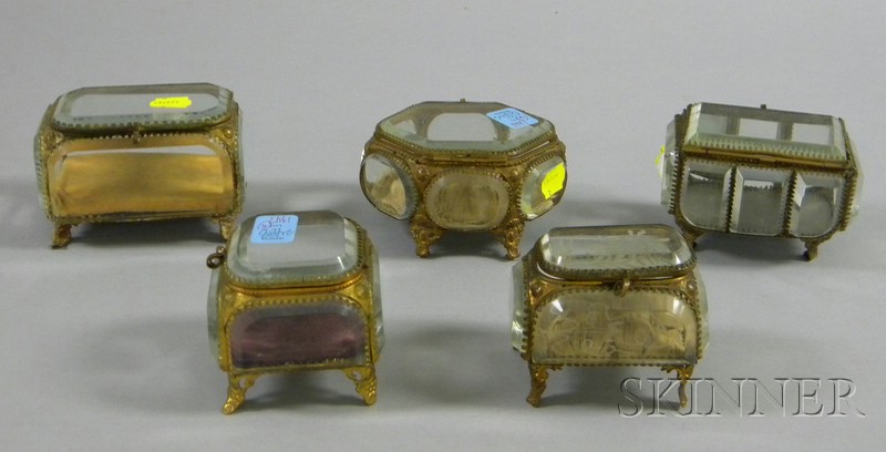 Appraisal: Five French Gilt-metal Mounted Colorless Beveled Cut Glass Footed Trinket