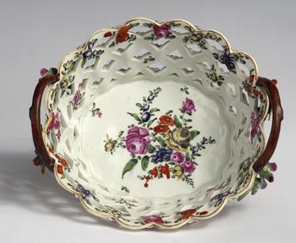 Appraisal: WORCESTER PORCELAIN YELLOW-GROUND RETICULATED OVAL BASKET - Painted in the