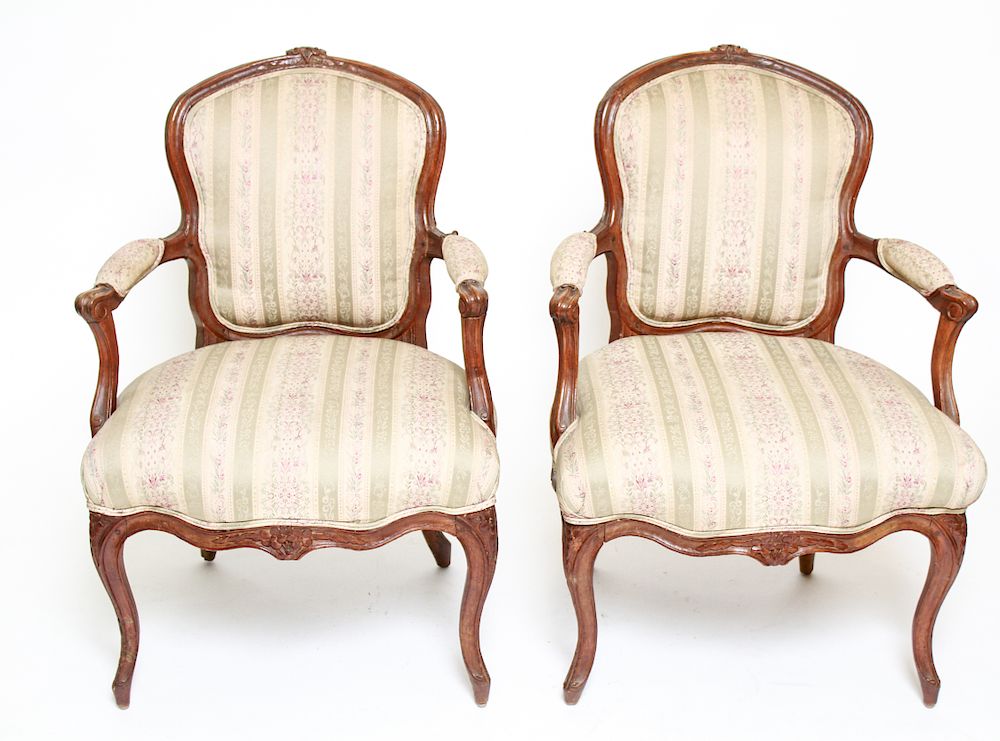 Appraisal: Louis XV Manner Arm Chairs w Floral Upholstery Pair of