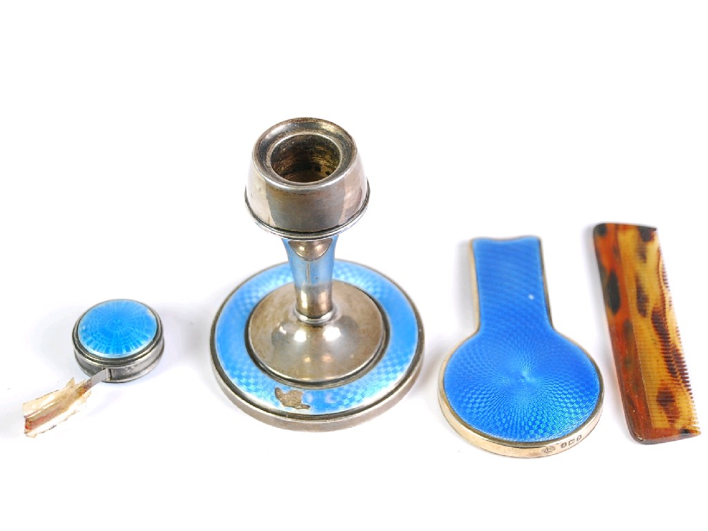 Appraisal: GEORGE V SILVER AND BLUE GUILLOCHE ENAMELLED DRESSING TABLE CANDLESTICK