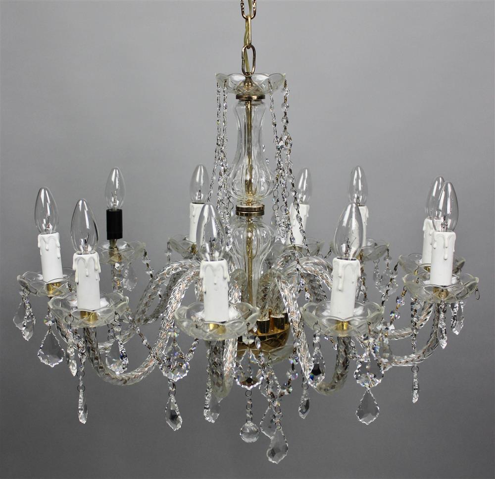 Appraisal: GLASS AND BRASS TEN ARM CHANDELIER with candleholders on upcurved