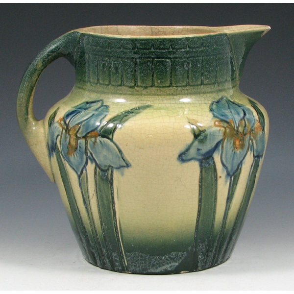 Appraisal: Roseville Early Decorated Iris Pitcher Early Roseville decorated utility Iris