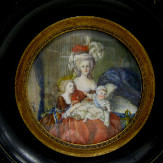 Appraisal: FRENCH MINIATURE PORTRAIT GROUP Painted on round ivory plaque depicting