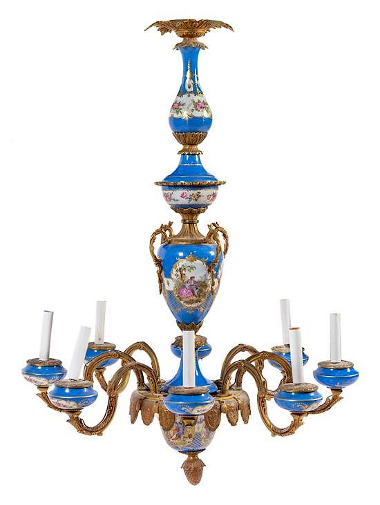 Appraisal: A Sevres Style Gilt Metal and Painted Glass Chandelier Height