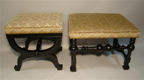 Appraisal: TWO SIMILAR BLACK PAINTED FOOTSTOOLS each with the same diamond