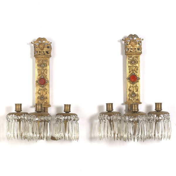 Appraisal: TH CENTURY BRONZE CANDLE SCONCES WITH PRISMS deep x wide