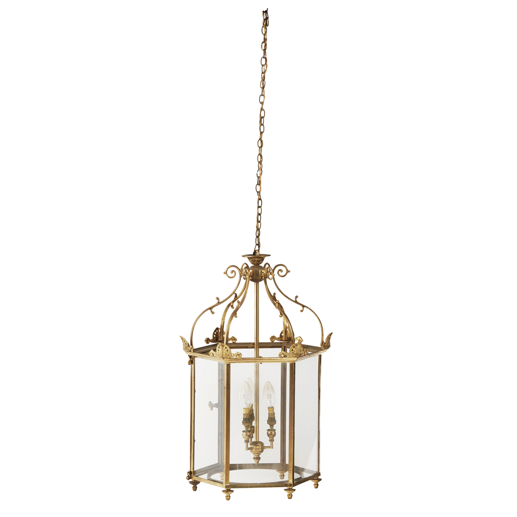 Appraisal: TWO REGENCY STYLE BRASS LANTERNS MODERN each of hexagonal form